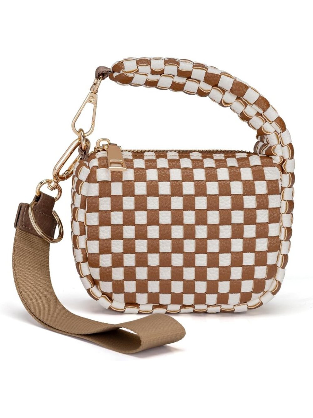 Women Brown white Zipper Mini Quilted Tote Wristlet Wristlet Cute Crossbody Bag